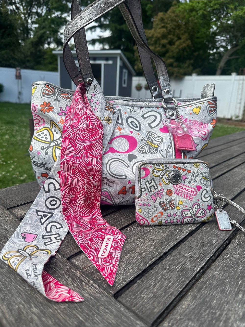 Coach Poppy Butterfly White Tote, Scarf and Wristlet -3-fer!